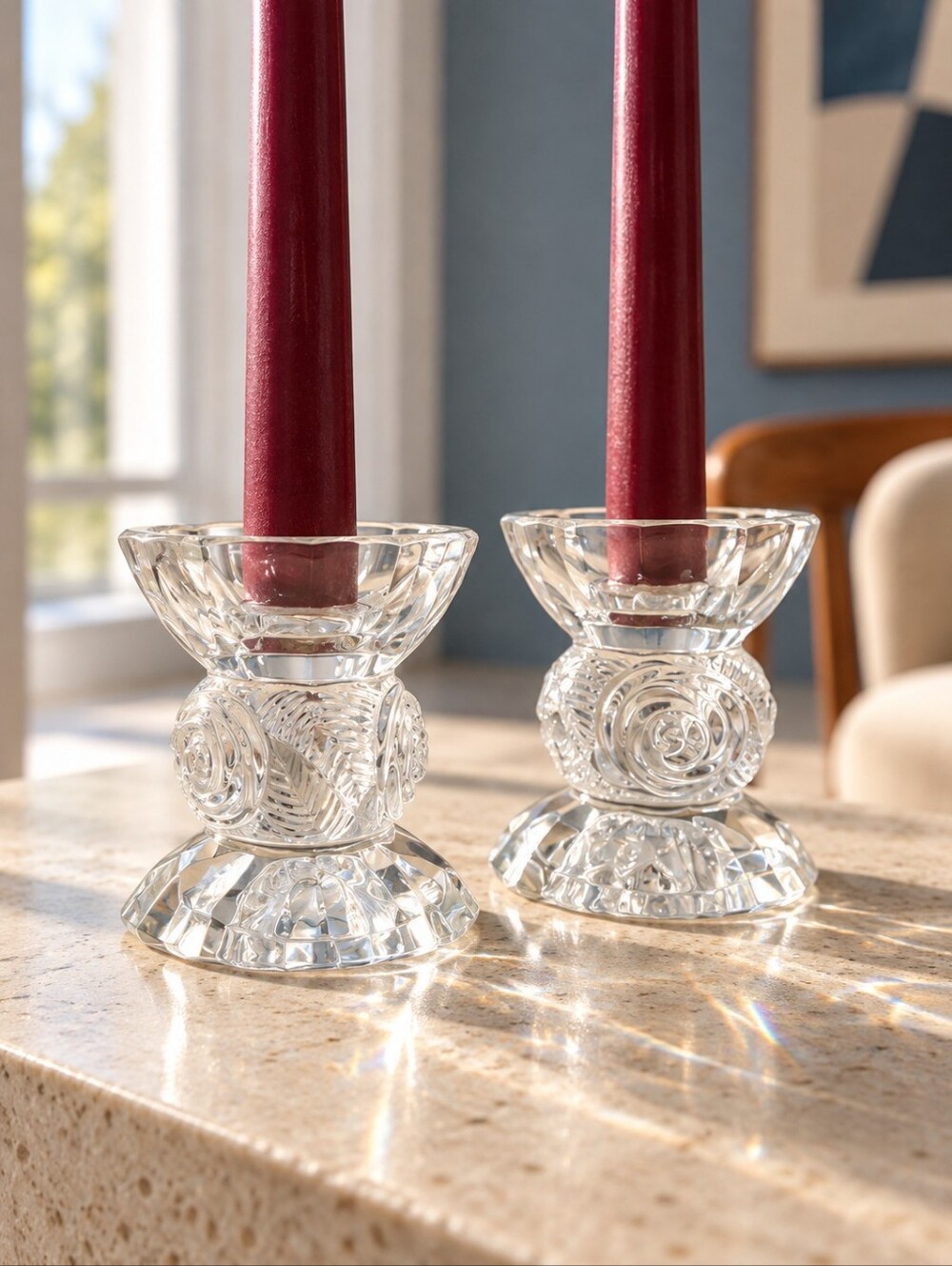 Polonia 24% Lead Crystal Rose Taper Candle Holders Pair Hand Cut Poland